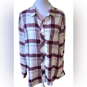 MELLODAY Burgundy & White Plaid Flannel Soft Long Sleeve Fall Button Up Shirt M